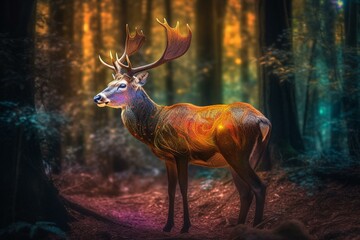 A deer in a forest, vivid colors, painting-like. Generative AI