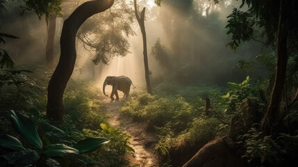 Landscape of a tropical jungle in the morning with an elephant walking through it. Generative AI