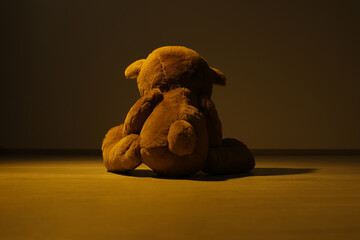 Cute lonely teddy bear on floor in dark room