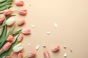 Beautiful Spring Bouquet of Tulilp flowers on pastel background. Valentine&rsquo;s day, Easter, Women&rsquo;s day and Mother&rsquo;s. Top view flat. 