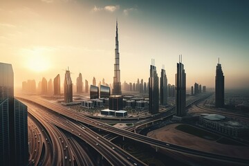 Naklejka na ściany i meble Sunrise view of Dubai with a billboard greeting visitors. Generative AI