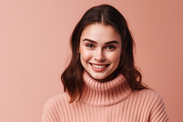 Fototapeta premium young adult beautiful brunette woman wears sweater, pink background. Generative AI