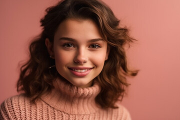 young adult beautiful brunette woman wears sweater, pink background. Generative AI
