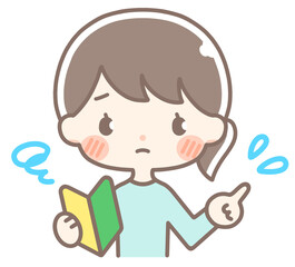 初心者マークを持つ困り顔の女性　
