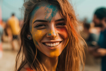young adult woman or teenager at a festival, fictional festival. Generative AI
