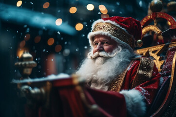 Fototapeta na wymiar santa claus in christmas sleigh in winter at christmas time. Generative AI