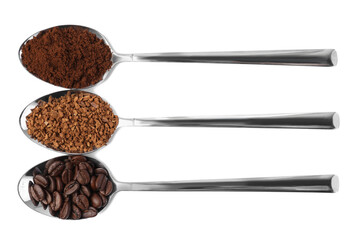 Spoons of beans, instant and ground coffee on white background, top view