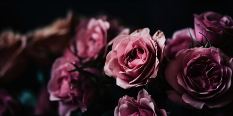 Pinke & Rosa Rosen Blüten mit dunklen Hintergrund - mit KI erstellt