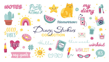 Diary stickers collection. Set of graphic elements for website. Piece of watermelon, donut and cat. Rainbow and star, lipstick. Cartoon flat vector illustrations isolated on white background