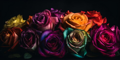 Bunte Rosen Blüten mit dunklen Hintergrund - mit KI erstellt
