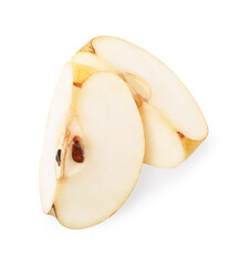 Naklejka na ściany i meble Slices of fresh apple pear isolated on white, top view
