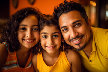 Obraz premium happy hispanic family, father dad and two daughters girls having fun together, fictitious location. Generative AI