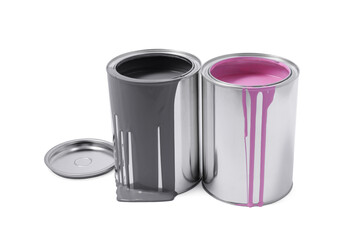 Cans of grey and pink paints isolated on white