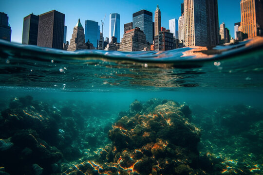 abstract, increase water level, water level rises, fictitious city is flooded or sinks in the rising sea level. Generative AI