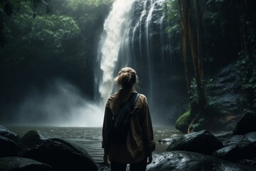 Obraz premium woman in front of a waterfall, fictitious location. Generative AI