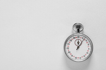 Vintage timer on light grey background, top view with space for text. Measuring tool