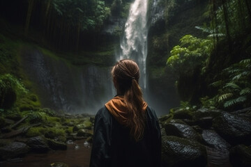 Obraz premium woman in front of a waterfall, fictitious location. Generative AI