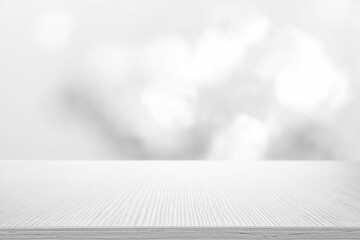 Empty white wooden surface against blurred background, bokeh effect. Space for design