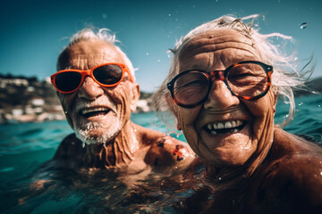 old man in the water, grandpa swims in the sea, fun joy and happy on vacation. Generative AI