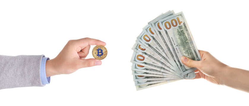 Cryptocurrency exchange. Woman holding dollar banknotes and man with bitcoin on white background, closeup