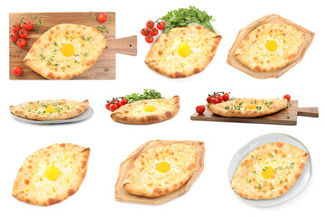 Collage with tasty Adjarian khachapuris on white background