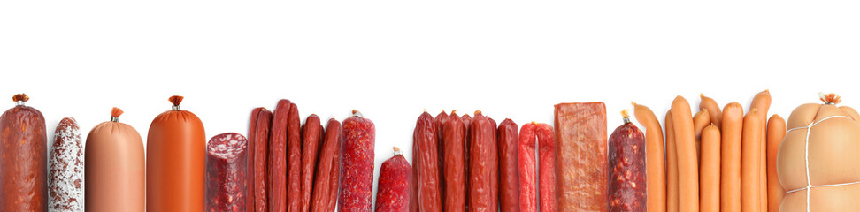 Many different tasty sausages on white background, top view. Banner design