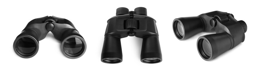 Collage with black binoculars on white background, different sides