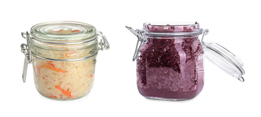 Jars of different tasty sauerkraut on white background
