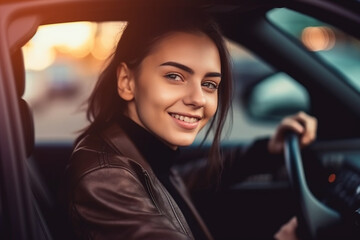 Fototapeta na wymiar a young adult woman is sitting in the car and driving. Generative AI