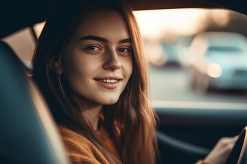 Fototapeta na wymiar a young adult woman is sitting in the car and driving. Generative AI
