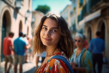 young adult woman or teenager in an old town down a narrow side street with local people in the background. Generative AI