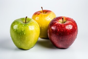 Three isolated apples in red, yellow, and green on white background. Generative AI