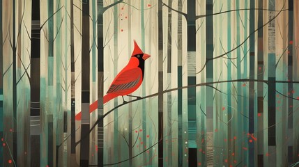 Storybook / Folk Art Style Cardinal in a Forest Clearing. Red Bird with Trees, Berries, Leaves, and Other Nature Elements. Children&rsquo;s Book, Fantasy, Holiday Scene. Graphic Novel, Comic, Cartoon Style.