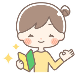 初心者マークを持つ笑顔なお団子の女性
