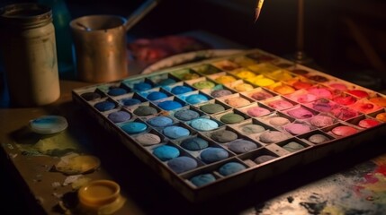 An artistic paint pallet with messy paints. Generative AI. 