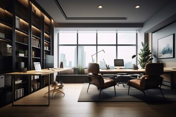 Modern office with board, armchairs, shelf, and window. Generative AI