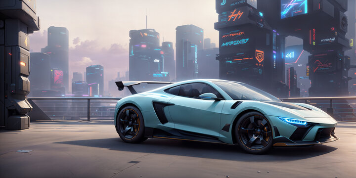 a blue sports car in a futuristic city
