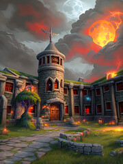 Fantasy landscape with fantasy castle at night. 3D rendering. AI
