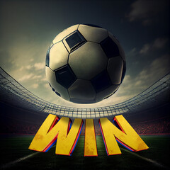 Flying soccer ball in the stadium field With 3D title WIN Illustration