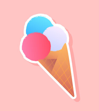 Ice cream sticker concept. Wafer cone with colorful balls. Dessert and delicacy. Symbol of summer and hot weather. Template, layout and mock up. Cartoon flat vector illustration