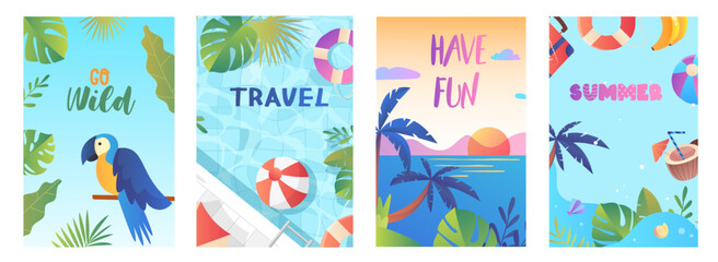 Summer banners set. Collection of graphic elements for website. Travel, holiday, vacation and tourism. Parrot on branch with leaves. Cartoon flat vector illustrations isolated on white background