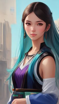 Portrait Of A Beautiful Asian Woman With Blue Hair And Blue Dressgenerative Ai