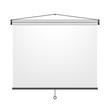 Empty projection screen, presentation board, empty conference board. Screen projector for cinema, games and meetings. Instrument for education in school and university. Vector illustration.