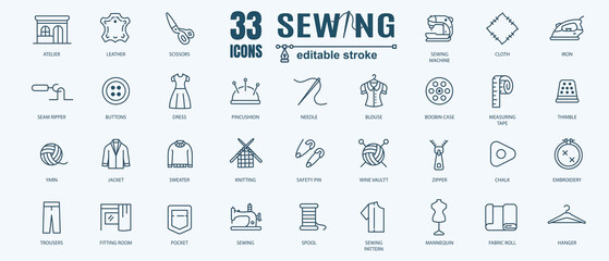 Simple Set of Sewing icon, knitting and cloth repair Related Vector Line Icons. Contains thin Icons as Leather, Thimble, Needle and more. Editable Stroke. 48x48 Pixel Perfect - obrazy, fototapety, plakaty