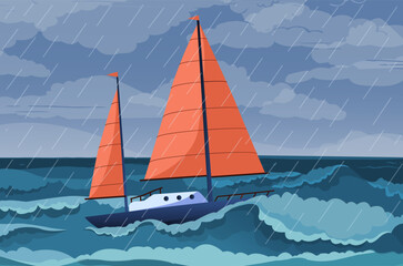 Ships at sea storm. Ship with red sails on waves of ocean. Travel and adventure in bad weather.