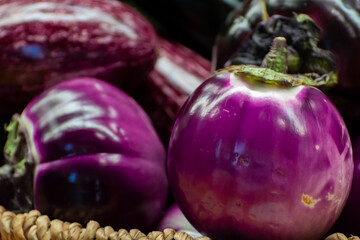 Variety of eggplant vegetables, white, graffiti, purple, round eggplant Violet