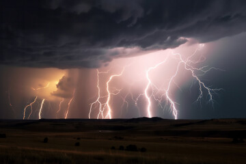Dark, ominous clouds loom over a vast field as lightning strikes light up the night sky. AI Generative