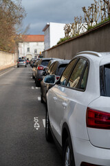 Street parking, French architecture and houses in Champagne sparkling wine making town Epernay, Champagne, France