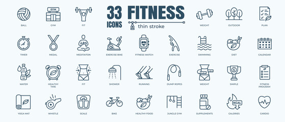 Fitness icon set with editable stroke and white background. Thin line style stock vector.