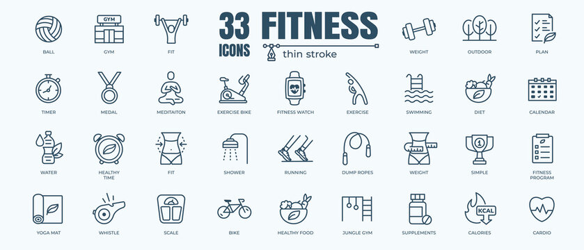 Fitness icon set with editable stroke and white background. Thin line style stock vector.